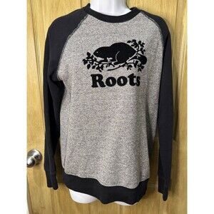 Roots Canada Beaver Logo Crewneck Sweatshirt Petite Small Black Heather Fleece